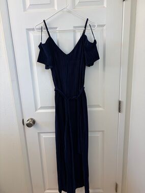 Topshop Navy off the-Shoulder wide leg jumpsuit  with Tie Waist size 6